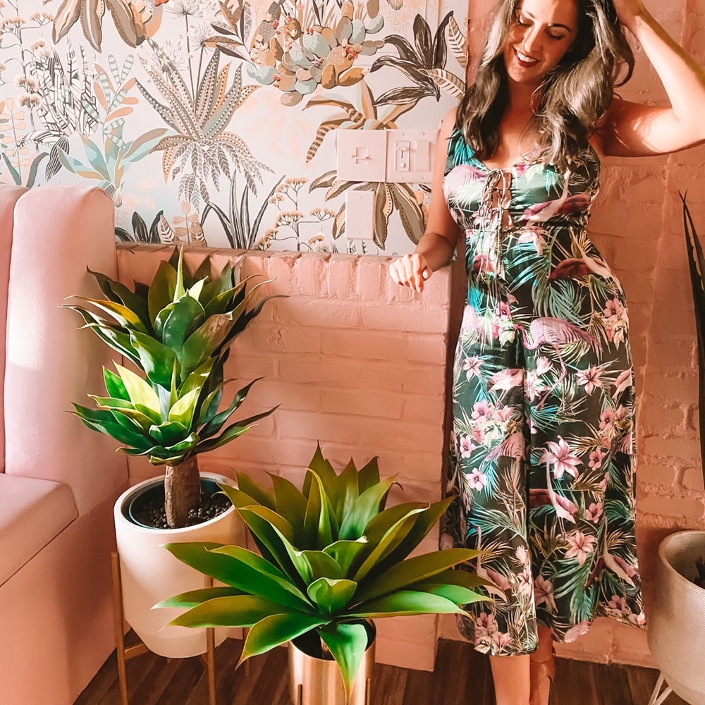 ASOS Green Silky Jumpsuit Pink Tropical Flamingo Pattern | Open Back | Size 4